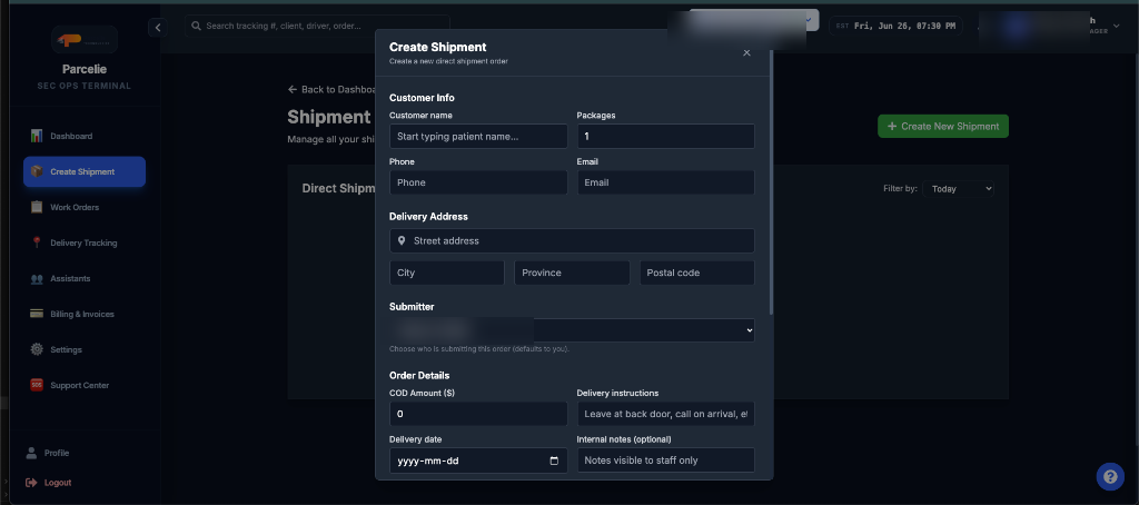 Create Shipment & Dispatch Order Form Modal